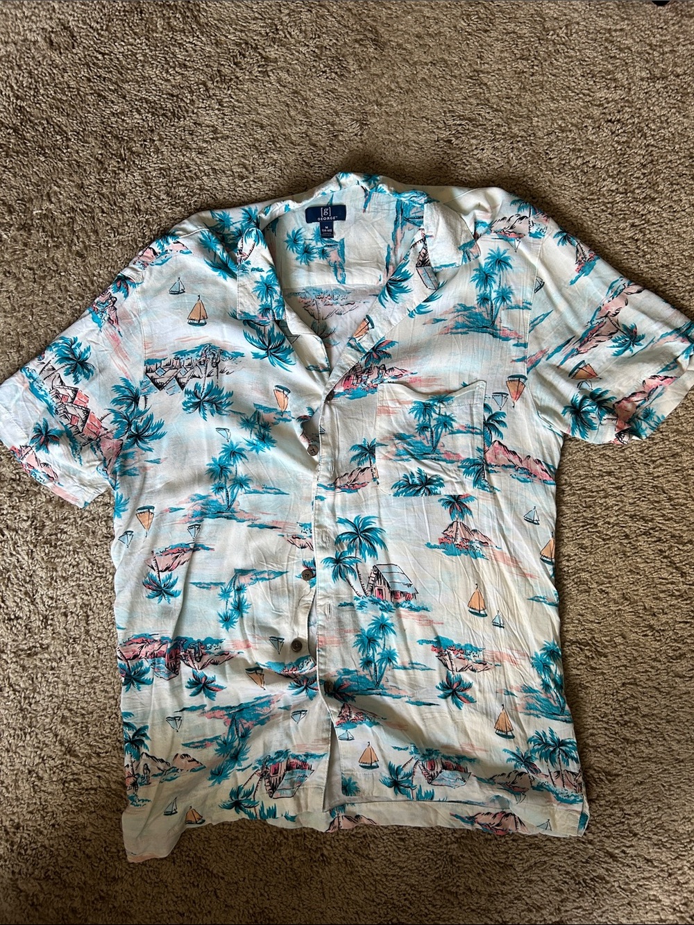 George White Short-Sleeve Tropical Button-Down Shirt with Teal & Pink Print